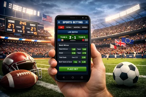 미국과 유럽의 합법 스포츠 배팅 시장을 상징하는 경기장과 모바일 베팅 화면 이미지