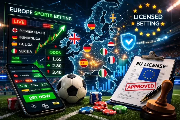 유럽 합법 스포츠 베팅 시장을 설명하는 축구 경기 데이터와 라이선스 개념 이미지